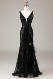 Black Sparkly Deep V-neck Mermaid Prom Dress with Feathers