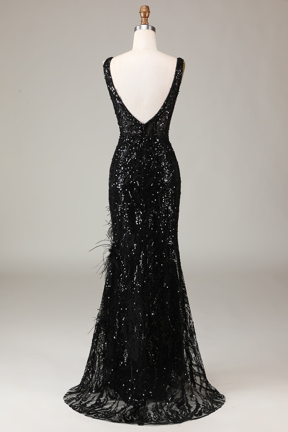 Black Sparkly Deep V-neck Mermaid Prom Dress with Feathers