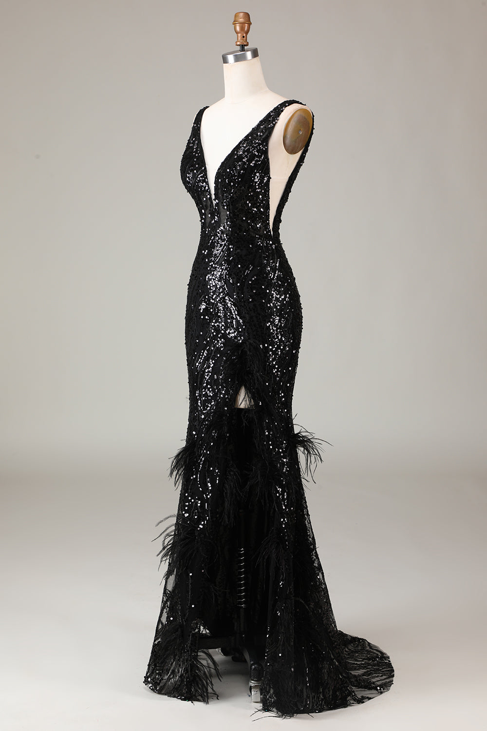 Black Sparkly Deep V-neck Mermaid Prom Dress with Feathers