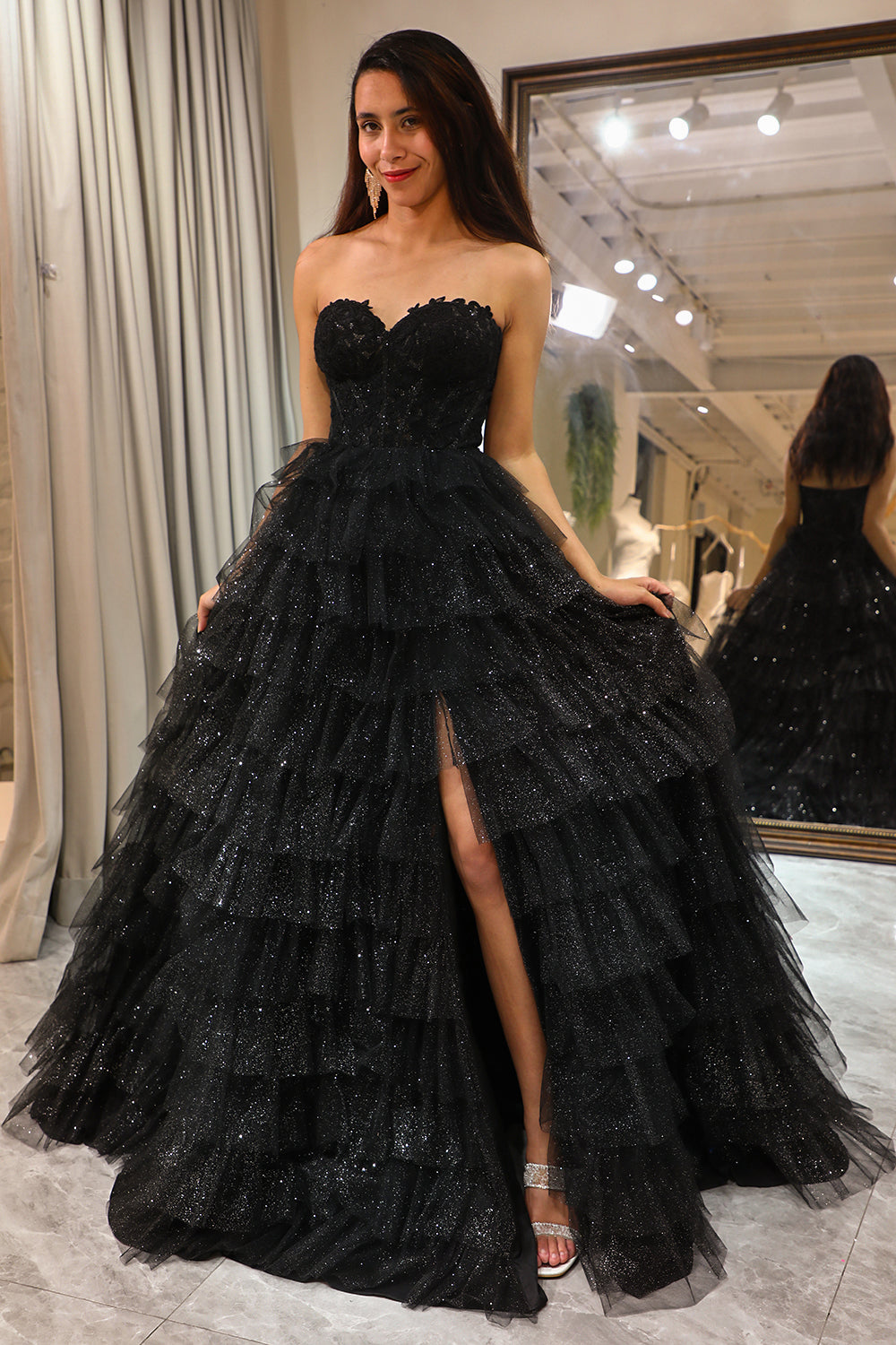 Trendy A Line Sweetheart Black Corset Prom Dress with Ruffles