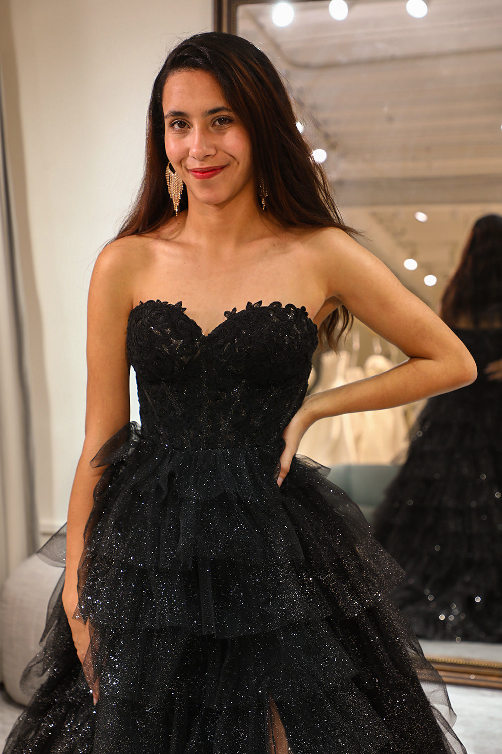 Trendy A Line Sweetheart Black Corset Prom Dress with Ruffles