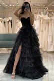 Trendy A Line Sweetheart Black Corset Prom Dress with Ruffles