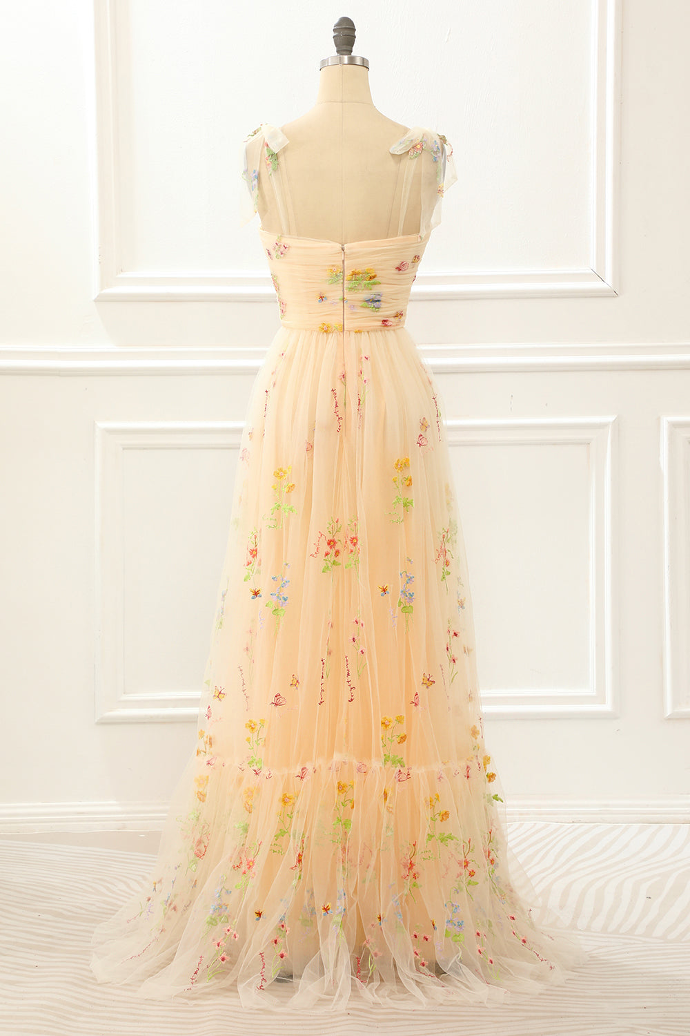 Tulle Champagne A Line Prom Dress with Embroidery