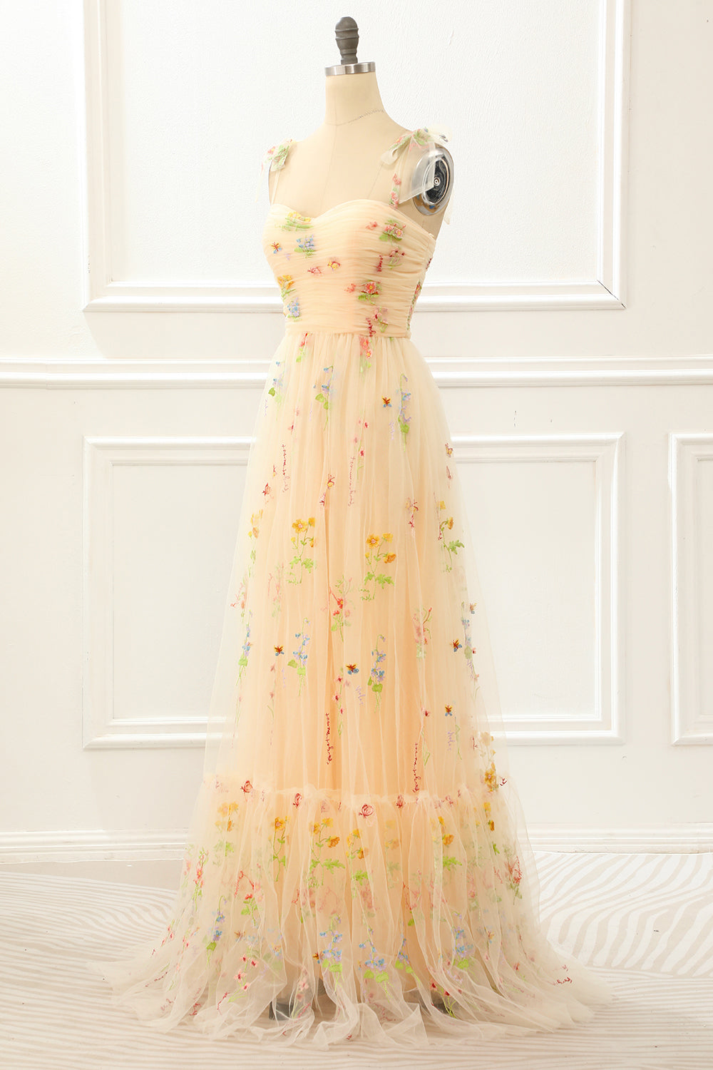 Tulle Champagne A Line Prom Dress with Embroidery