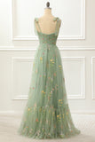 Tulle Green A Line Prom Dress with Embroidery