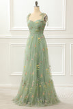 Tulle Green A Line Prom Dress with Embroidery