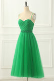 Green Spaghetti Straps Tulle Prom Dress with Sash