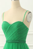 Green Spaghetti Straps Tulle Prom Dress with Sash
