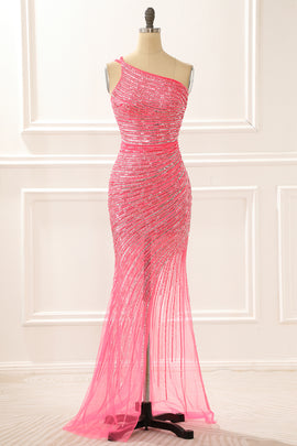 One Shoulder Hot Pink Sparkly Long Prom Dress with Slit