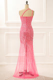 One Shoulder Hot Pink Sparkly Long Prom Dress with Slit