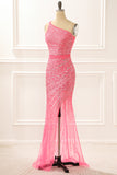 One Shoulder Hot Pink Sparkly Long Prom Dress with Slit