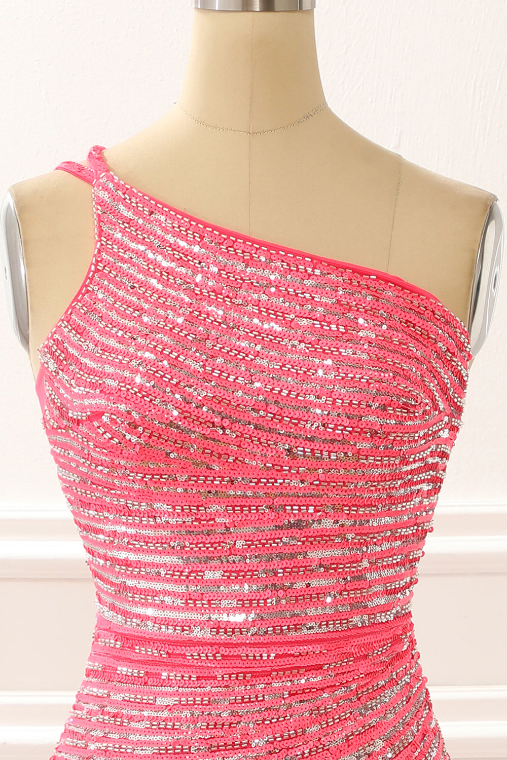 One Shoulder Hot Pink Sparkly Long Prom Dress with Slit