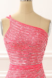 One Shoulder Hot Pink Sparkly Long Prom Dress with Slit