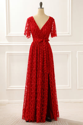 Red V-neck Lace Prom Dress with Slit