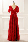 Red V-neck Lace Prom Dress with Slit