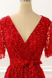 Red V-neck Lace Prom Dress with Slit