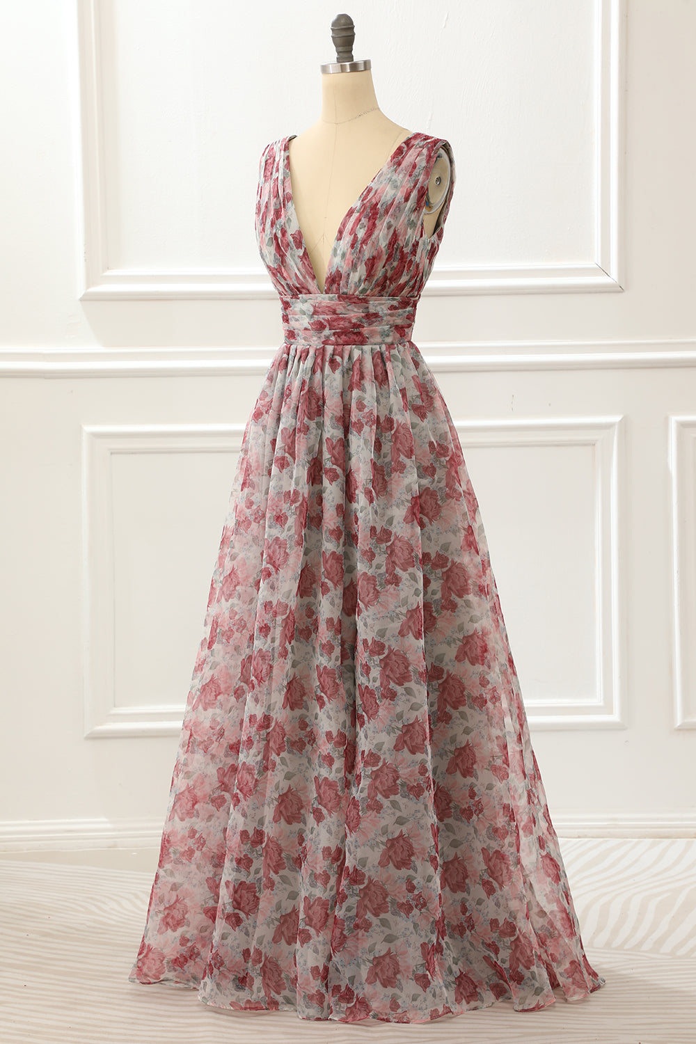 V-neck Floral A Line Prom Dress