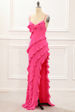 Hot Pink Satin Ruffles Prom Dress with Slit