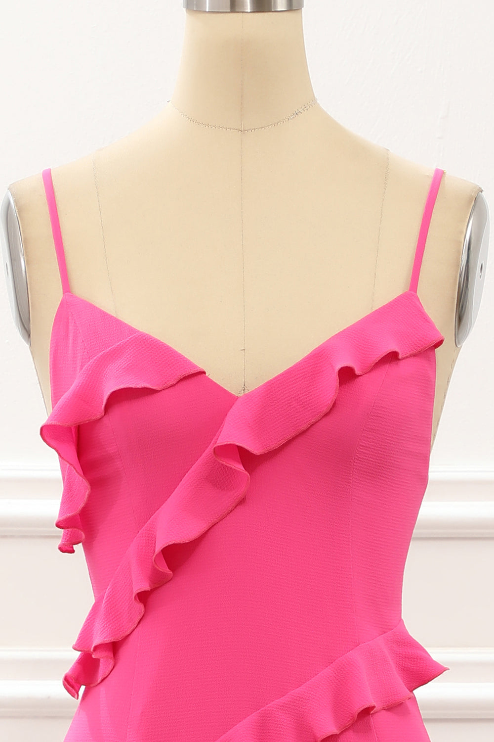 Hot Pink Satin Ruffles Prom Dress with Slit