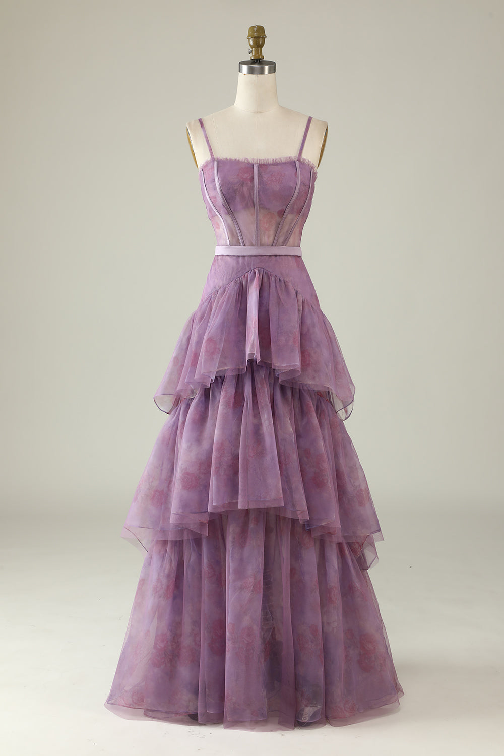 Purple Tiered Printed A Line Spaghetti Straps Corset Prom Dress