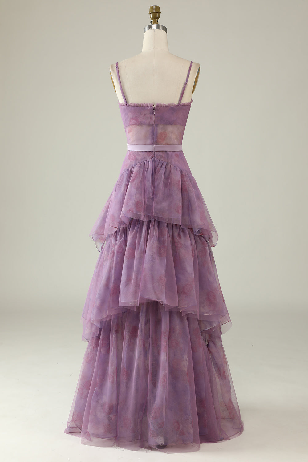 Purple Tiered Printed A Line Spaghetti Straps Corset Prom Dress