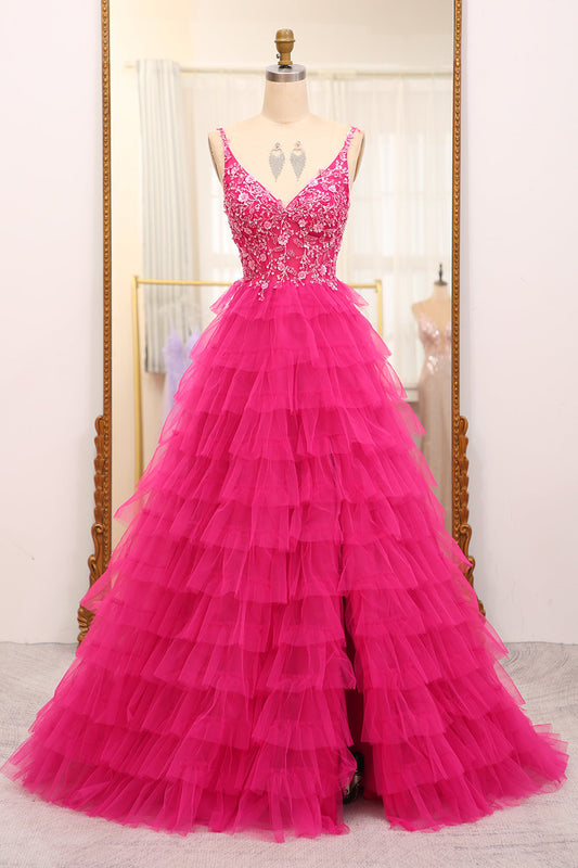 Fuchsia A Line Sparkly Beaded Appliques Tiered Long Prom Dress With Slit