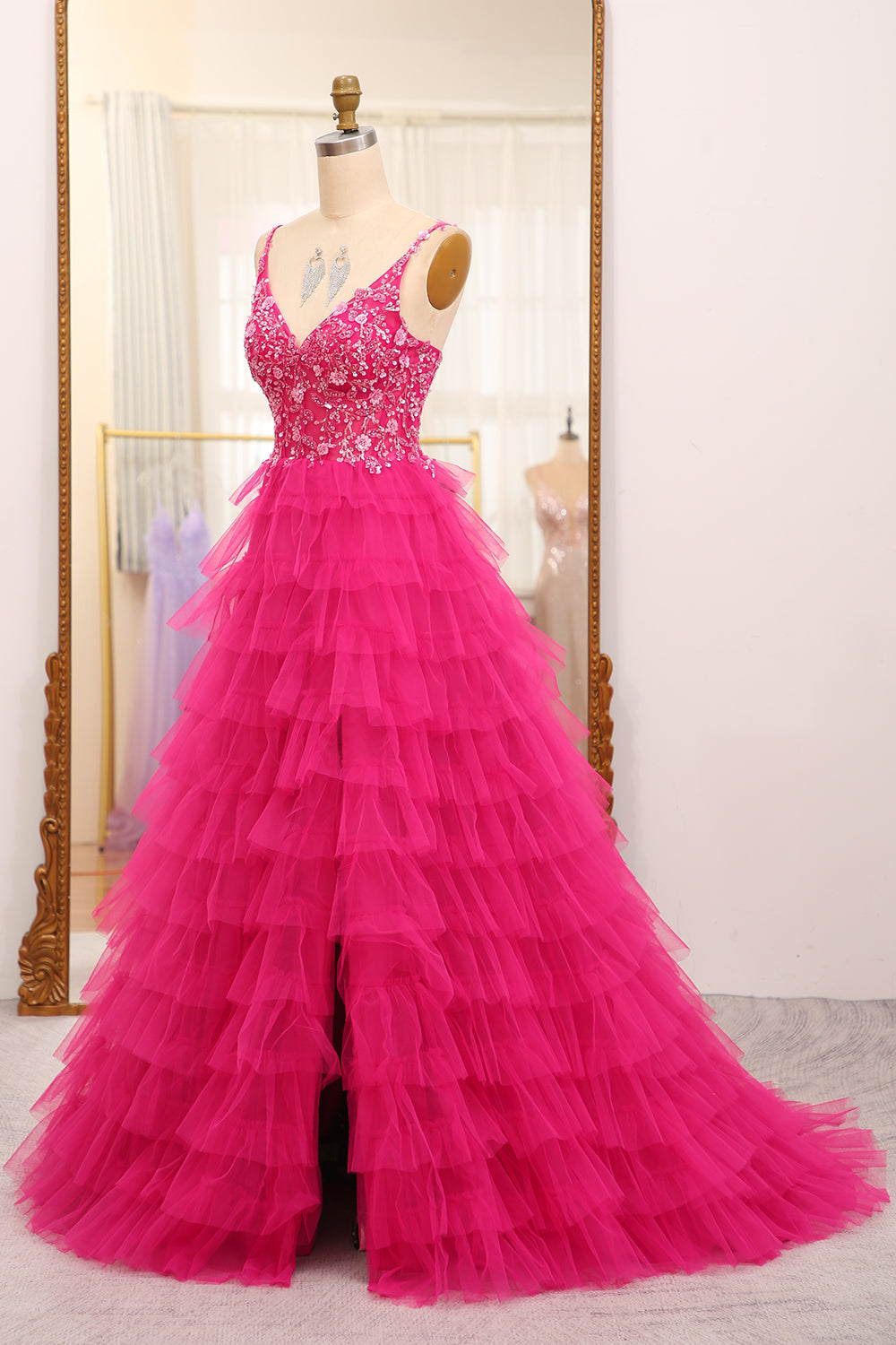 Fuchsia A Line Sparkly Beaded Appliques Tiered Long Prom Dress With Slit