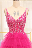 Fuchsia A Line Sparkly Beaded Appliques Tiered Long Prom Dress With Slit