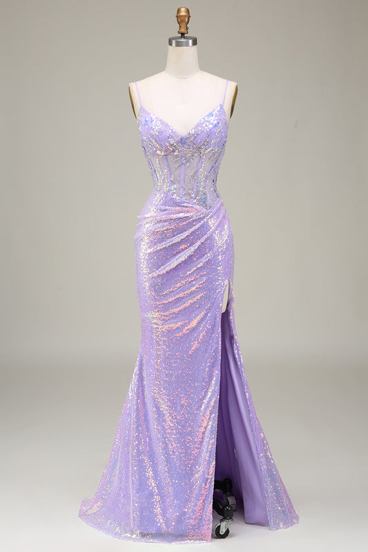 Light Purple Mermaid Sparkly Corset Long Prom Dress with Slit