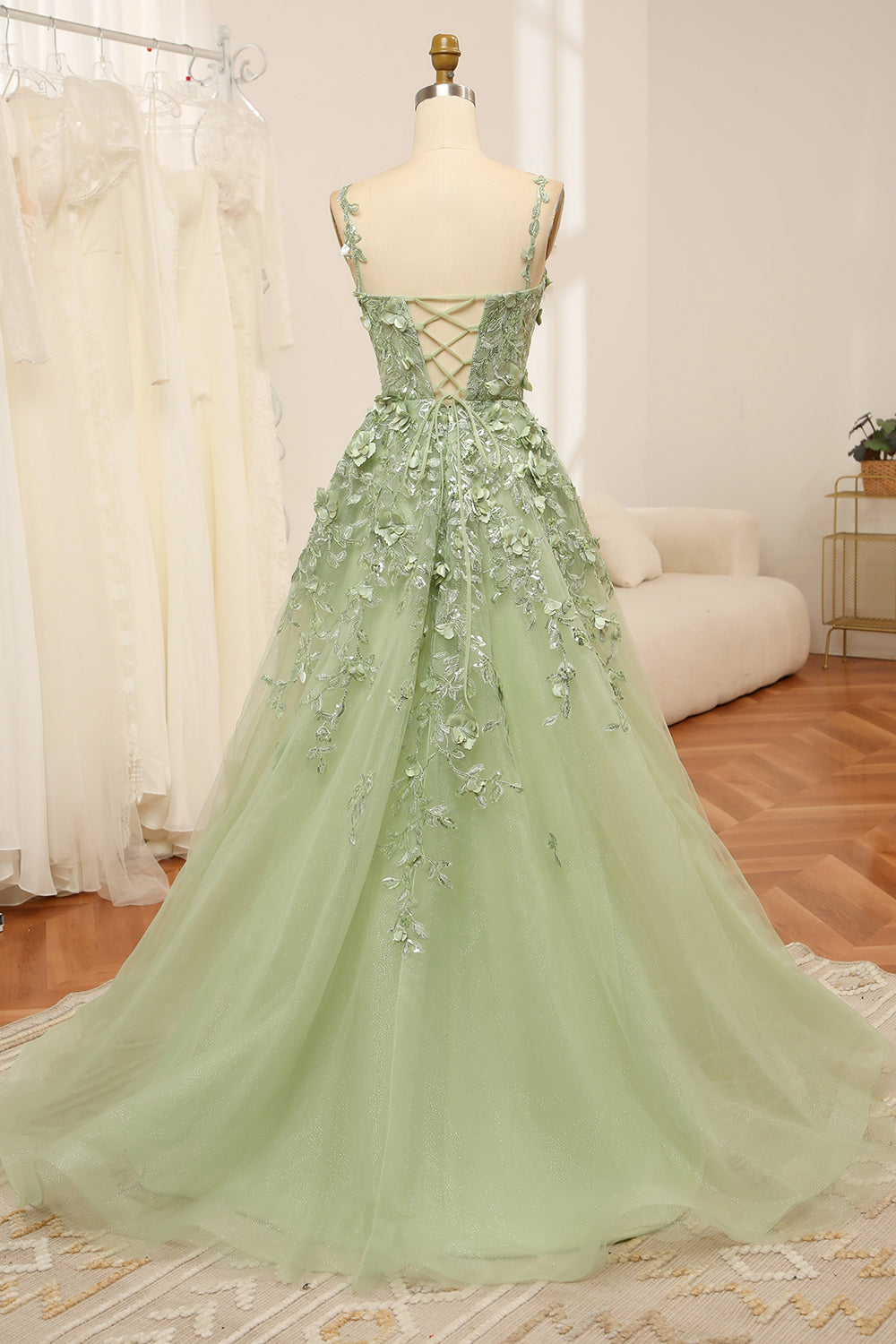 Green A Line Spaghetti Straps Tulle Long Prom Dress With Appliques