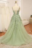 Green A Line Spaghetti Straps Tulle Long Prom Dress With Appliques