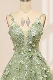 Green A Line Spaghetti Straps Tulle Long Prom Dress With Appliques