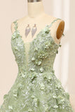 Green A Line Spaghetti Straps Tulle Long Prom Dress With Appliques