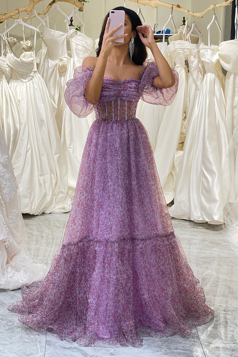 Purple A-Line Square Neck Corset Prom Dress with Half Sleeves