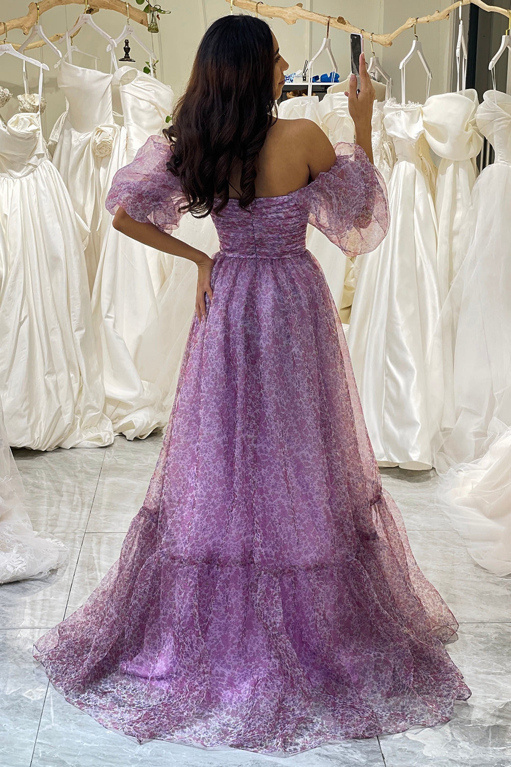 Purple A-Line Square Neck Corset Prom Dress with Half Sleeves