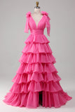 Princess Fuchsia A-Line V-Neck Long Tiered Prom Dress With Slit