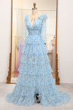 Blue A Line V Neck Pleated Tiered Tulle Long Prom Dress With Slit