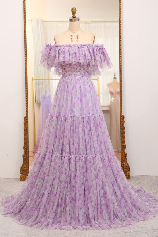 Light Purple A Line Off the Shoulder Pleated Long Tulle Prom Dress