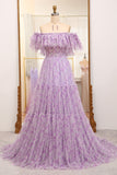 Light Purple A Line Off the Shoulder Pleated Long Tulle Prom Dress