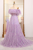 Light Purple A Line Off the Shoulder Pleated Long Tulle Prom Dress