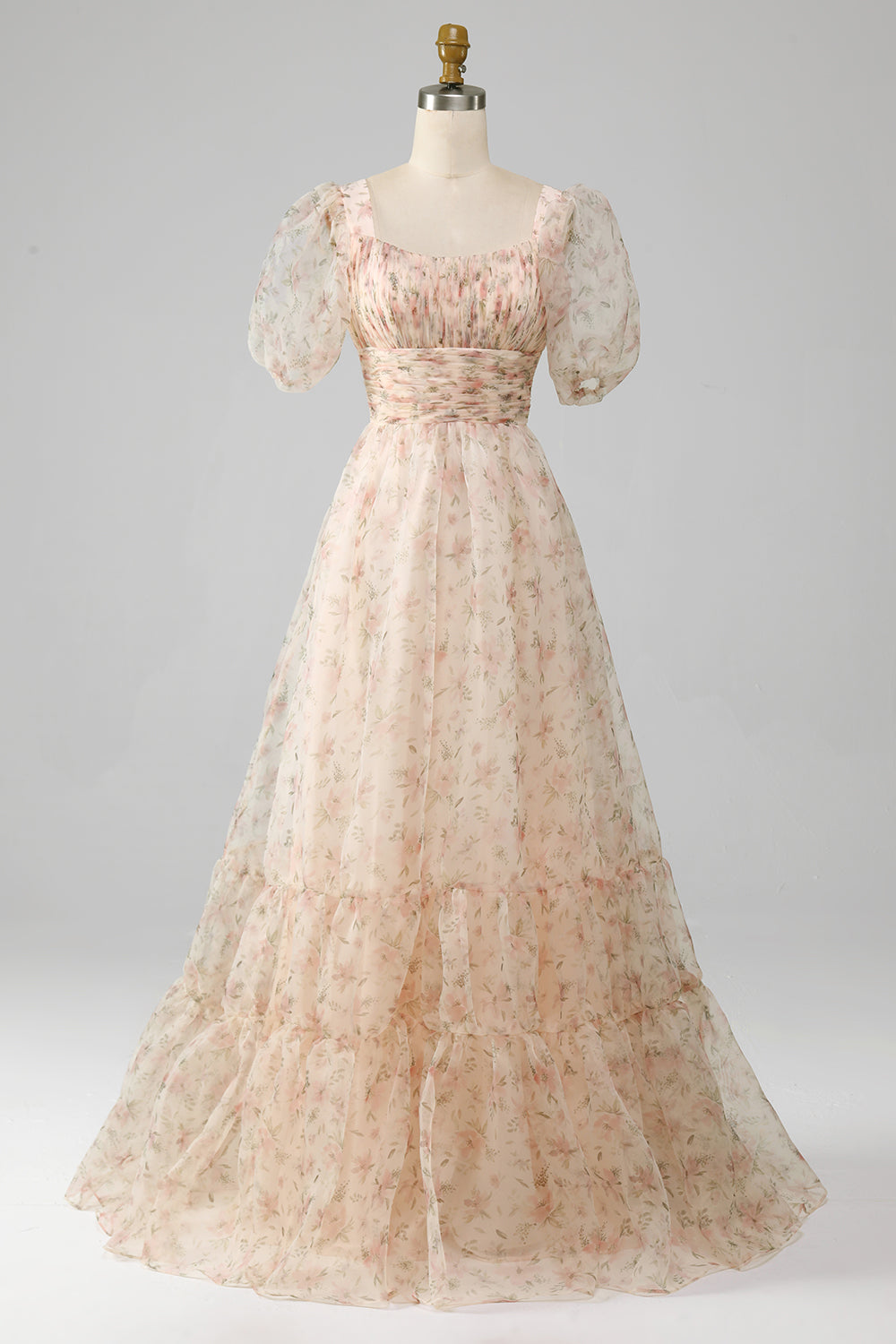 A-Line Floral Print Pleated Tiered Champagne Prom Dress With Puff Sleeves