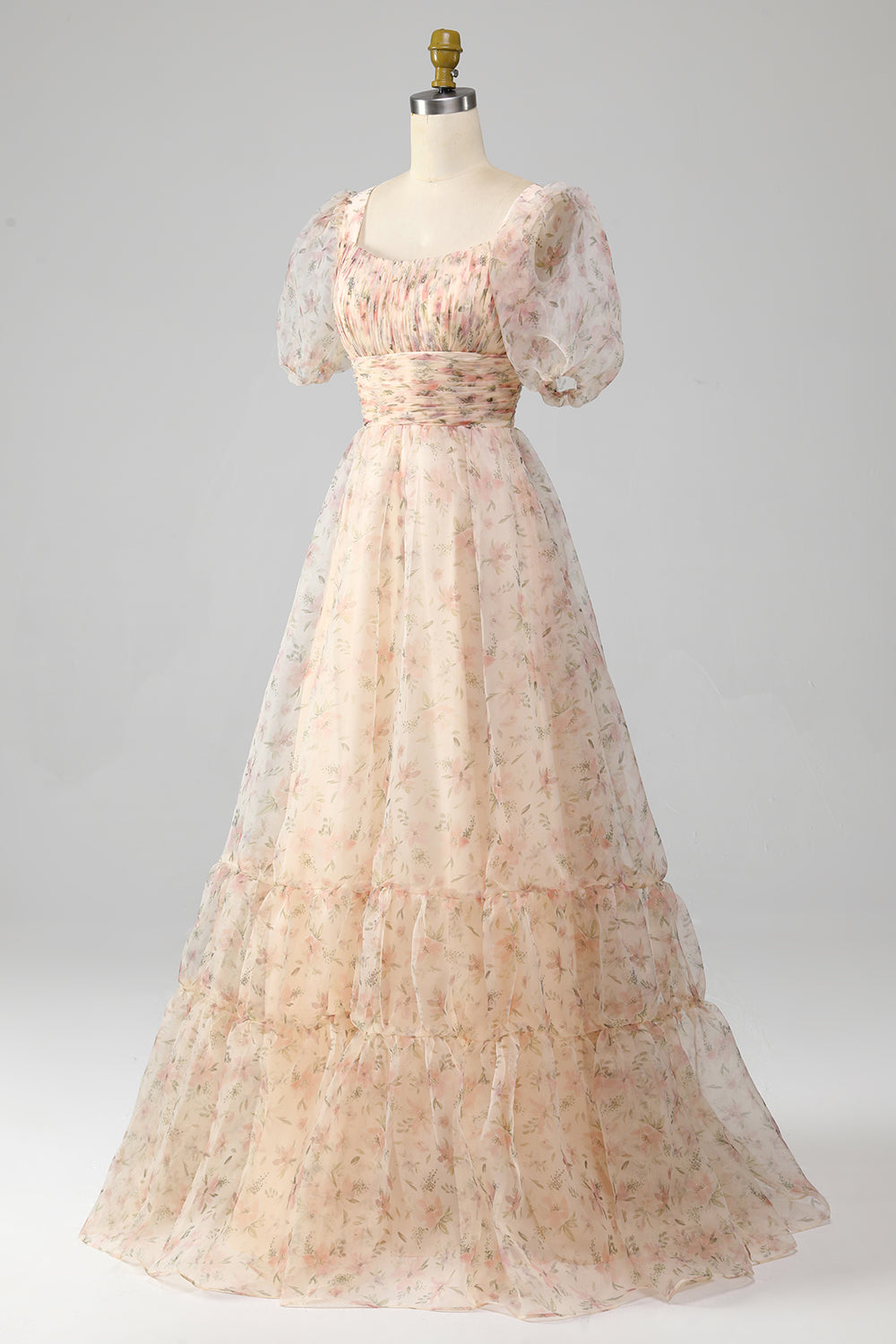 A-Line Floral Print Pleated Tiered Champagne Prom Dress With Puff Sleeves