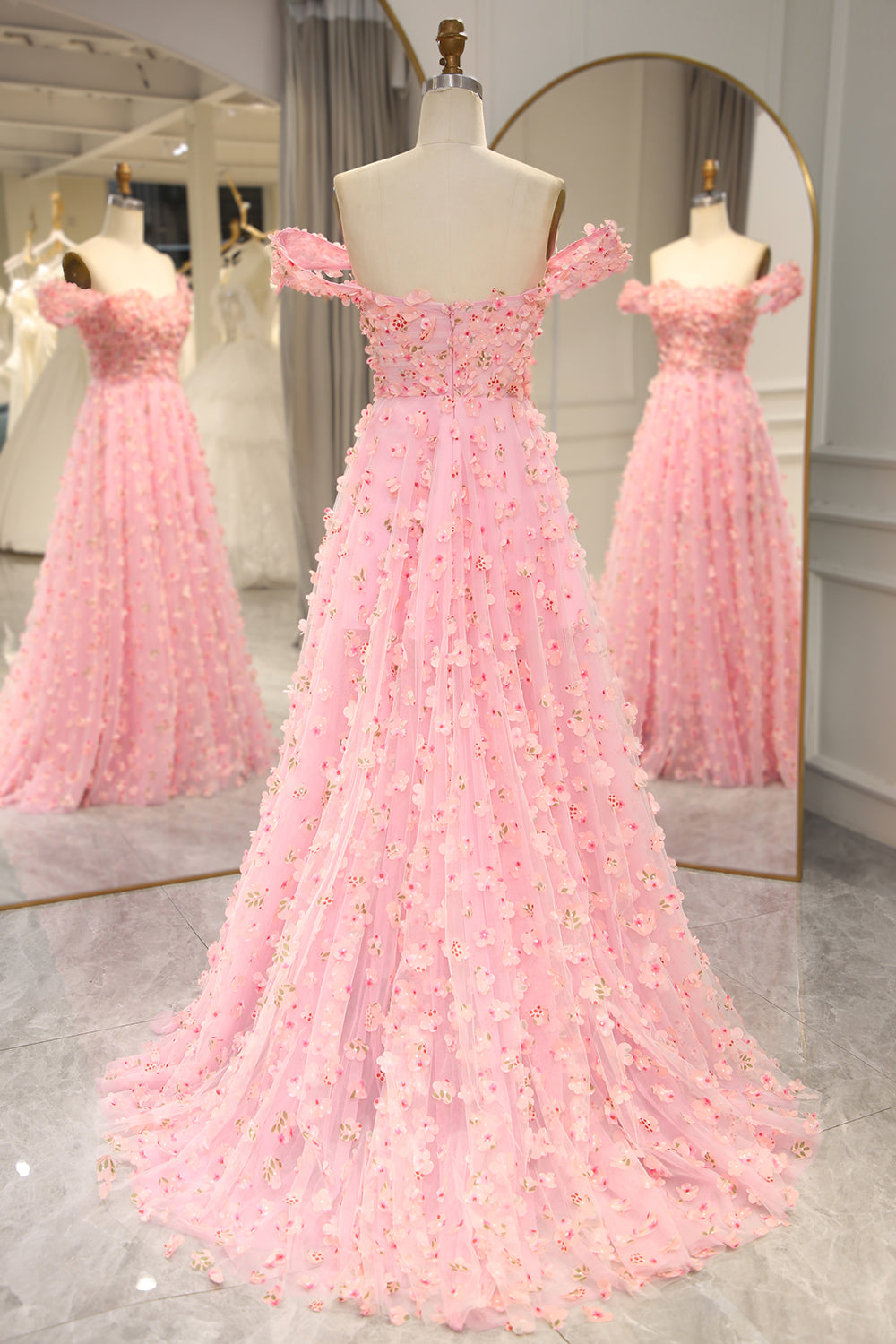 Pink A-line Off The Shoulder Long Prom Dress with 3D Flowers