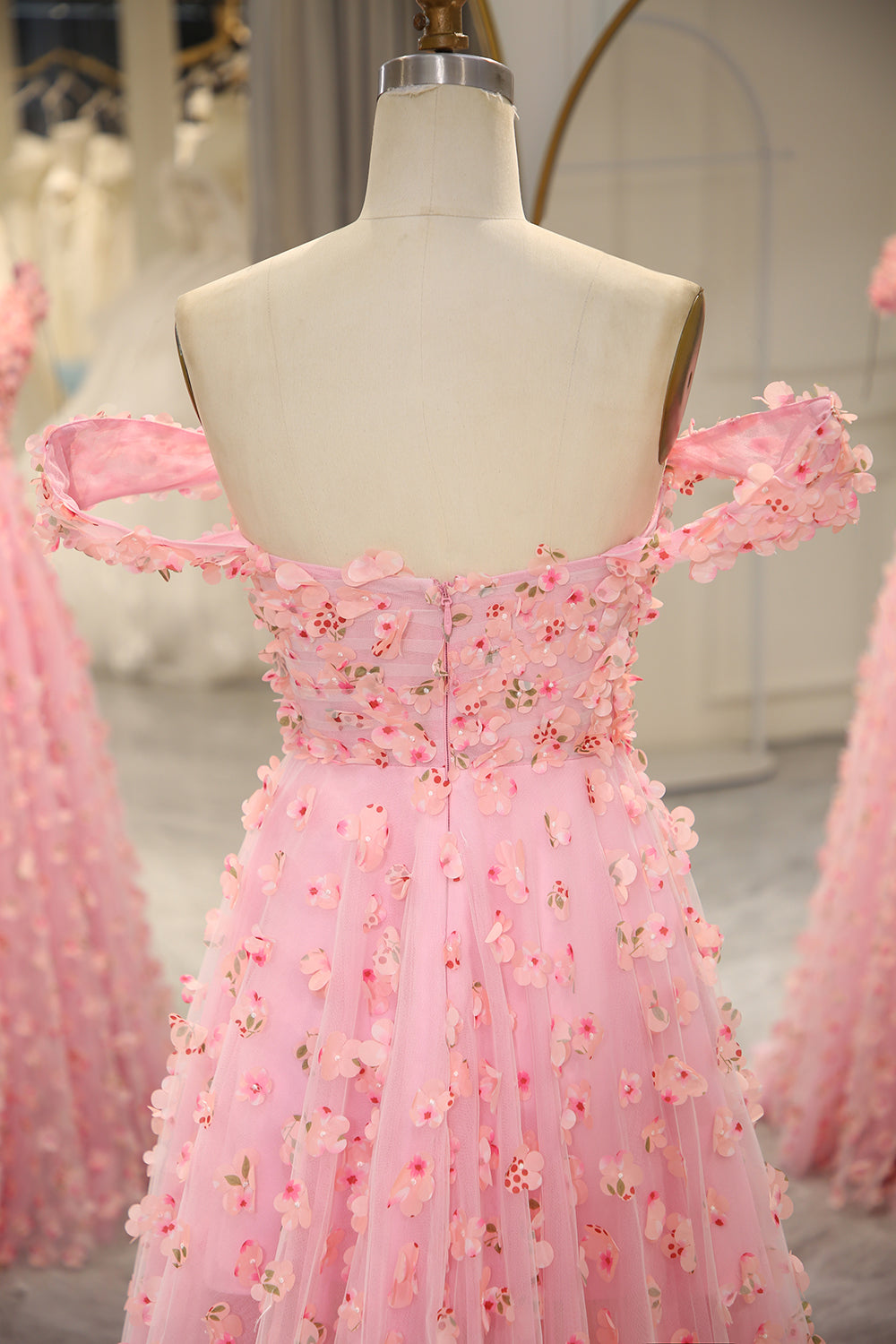 Pink A-line Off The Shoulder Long Prom Dress with 3D Flowers