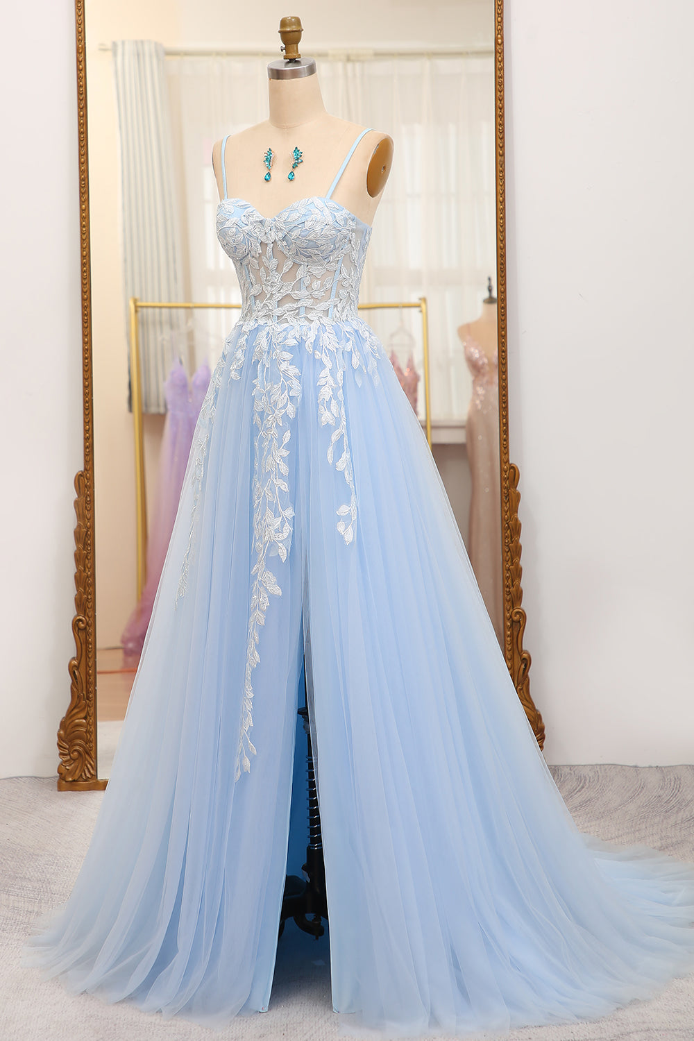 Sky Blue A-Line Long Corset Appliqued Prom Dress With Slit