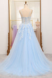 Sky Blue A-Line Long Corset Appliqued Prom Dress With Slit