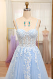 Sky Blue A-Line Long Corset Appliqued Prom Dress With Slit