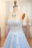 Sky Blue A-Line Long Corset Appliqued Prom Dress With Slit