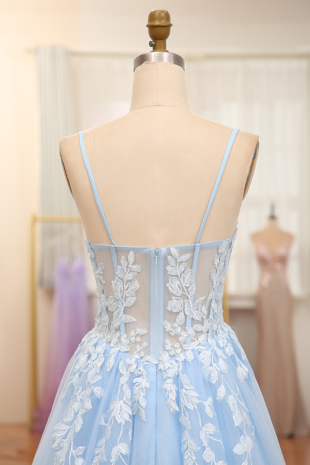 Sky Blue A-Line Long Corset Appliqued Prom Dress With Slit