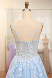 Sky Blue A-Line Long Corset Appliqued Prom Dress With Slit